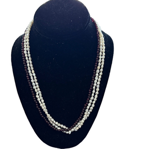 Vintage Three -Strand White Rice Pearl and Garnet Bead Necklace